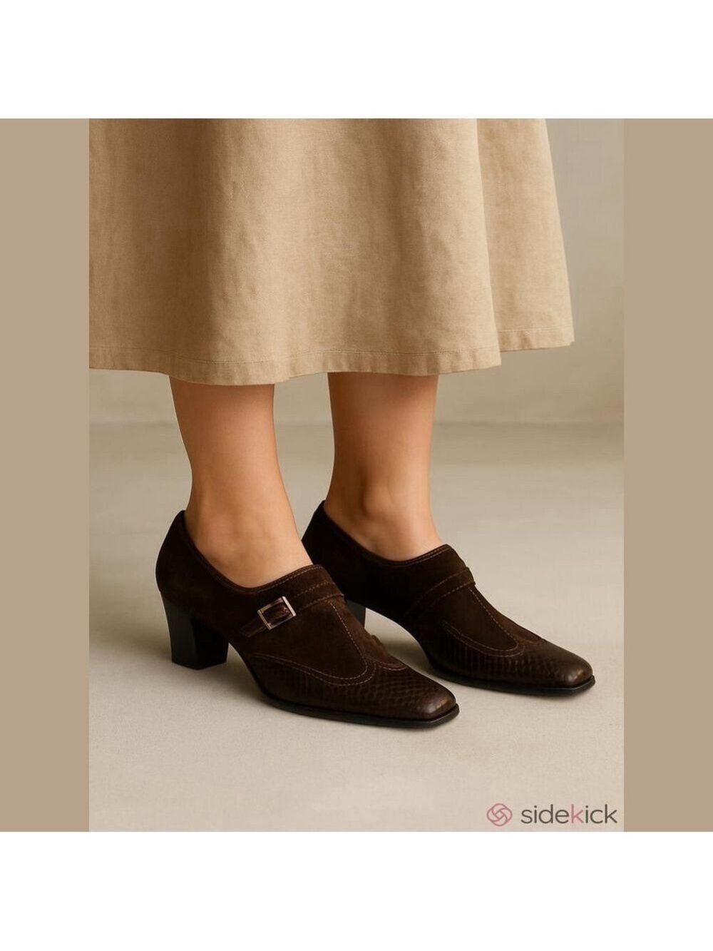 Dorndorf Vintage Brown Suede Croc Square Toe Monk Strap Heels 7.5